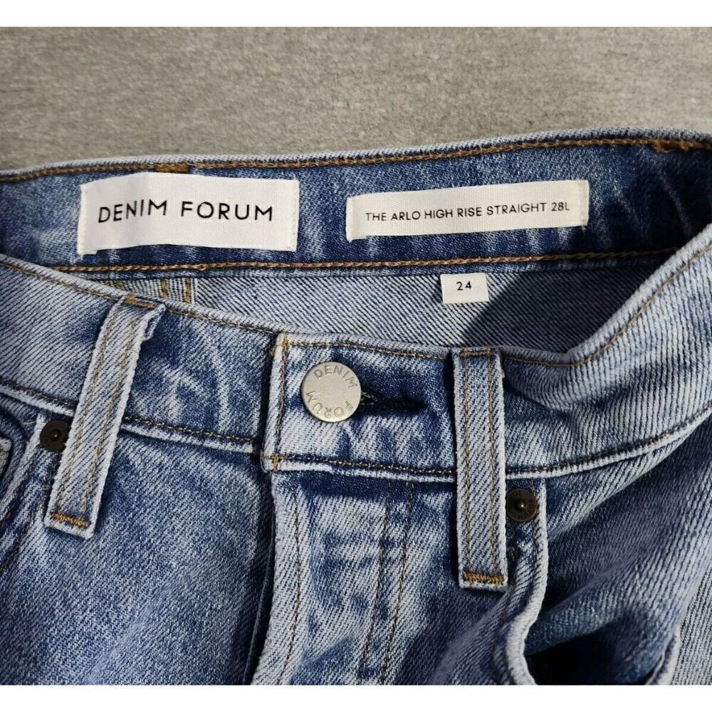 Denim Forum Arlo High Rise Straight Jeans Womens 24 x 25 Blue Stretch Button Fly - Picture 3 of 10